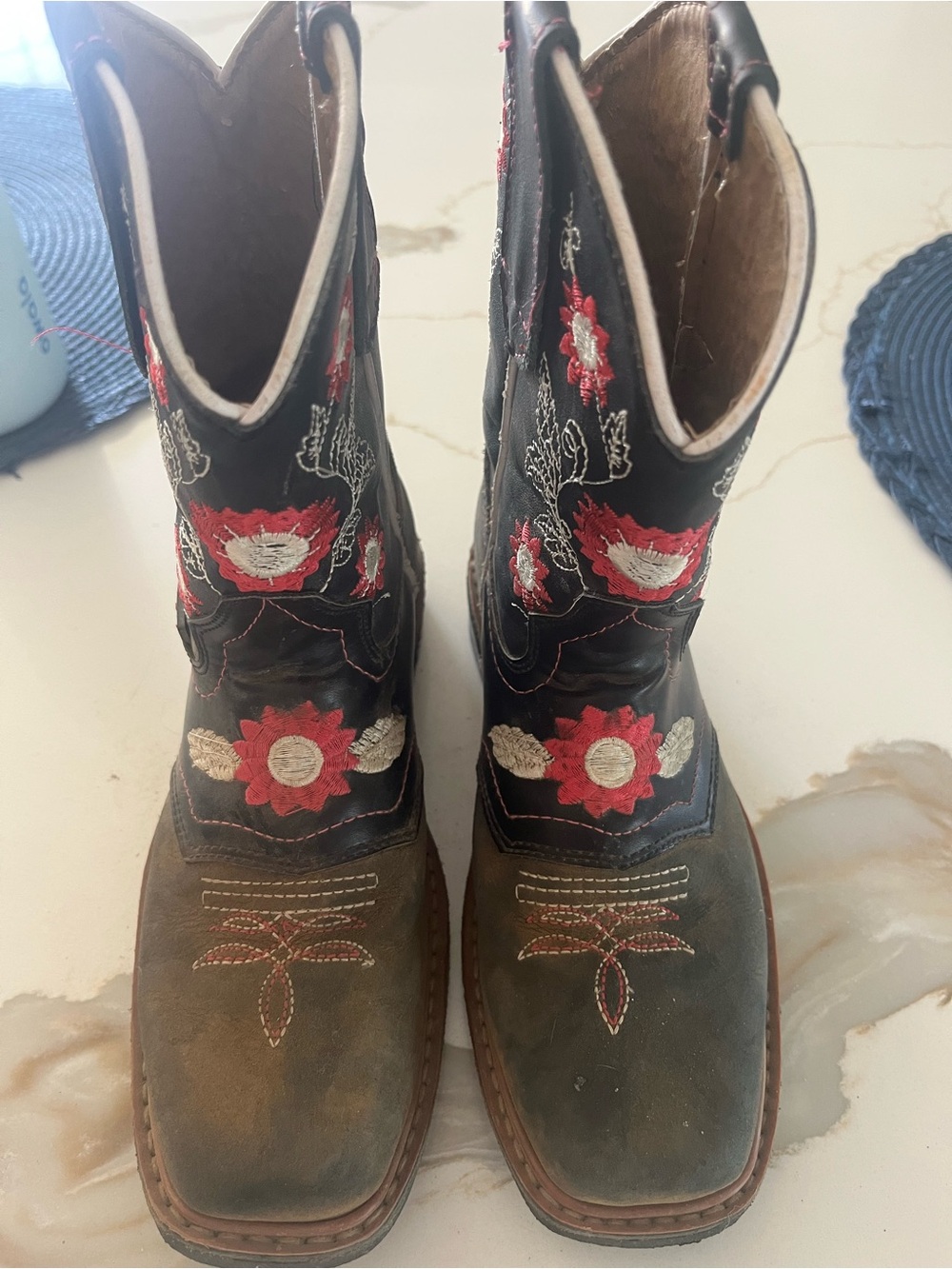 Kids Black & Brown Floral Embroidered Western Boots
